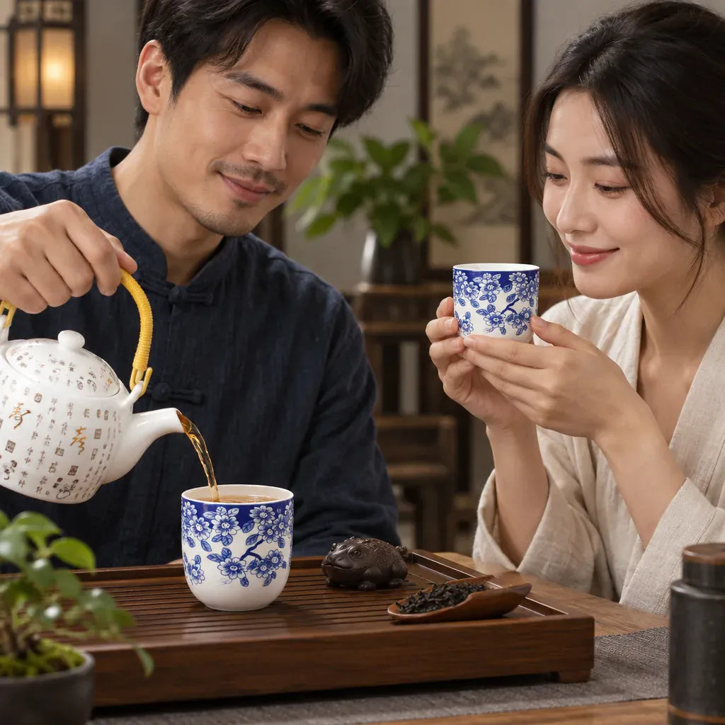 Théière Tasse à Thé Bleu Cobalt – Motif Géométrique