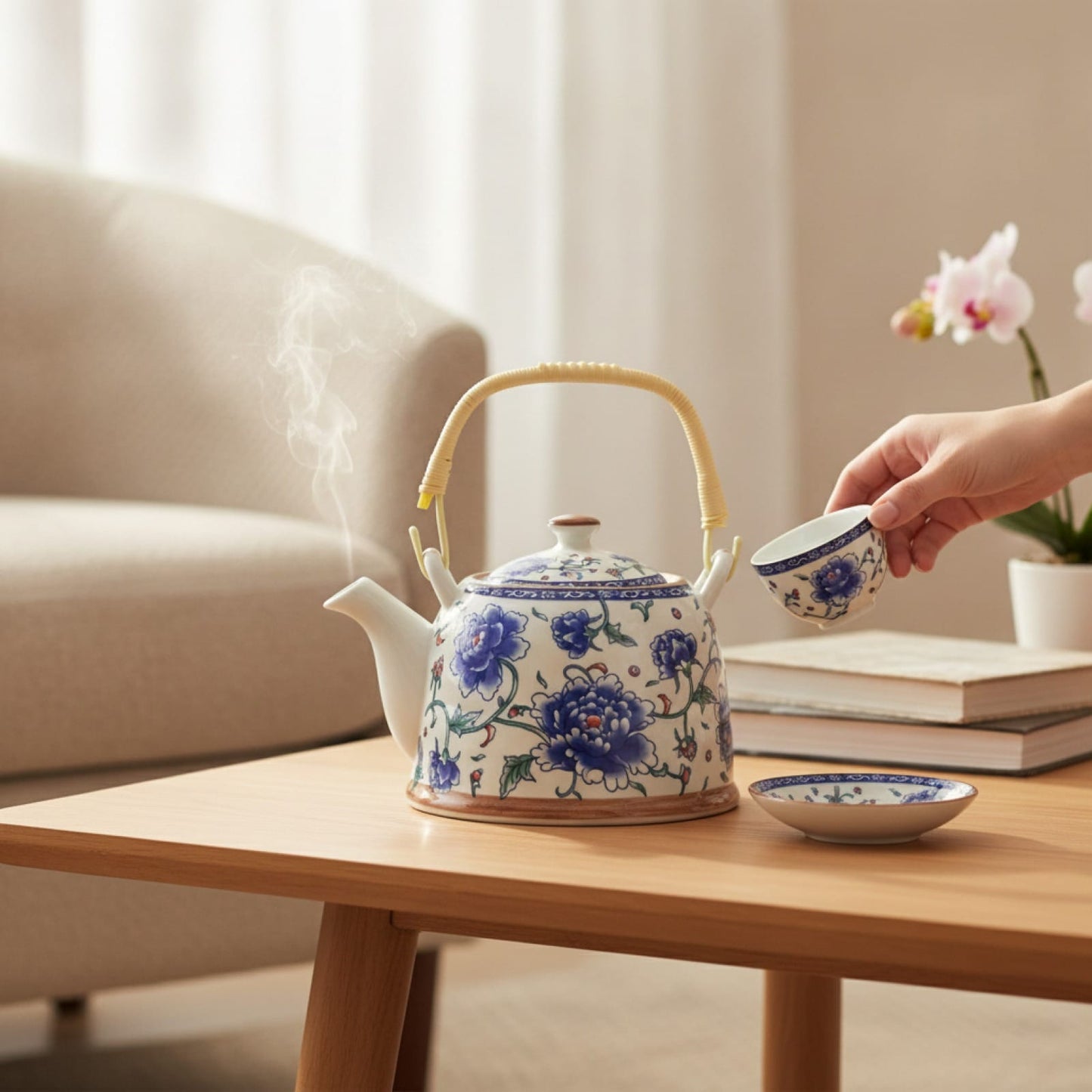 Théière Théière Chinoise en Porcelaine – Motif Fleurs Bleues