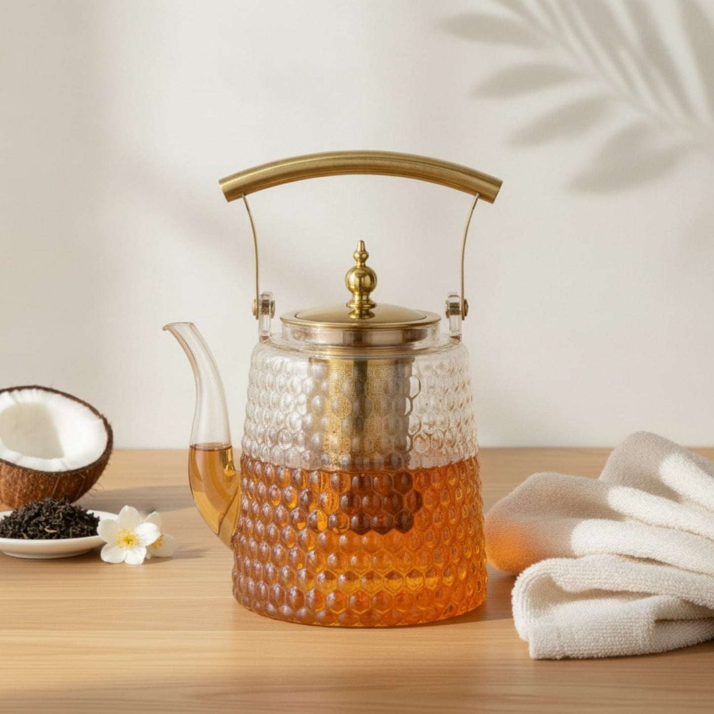 Théière Théière en verre à manche cuivre
