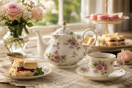 Préparation d’un thé avec une théière anglaise en porcelaine.