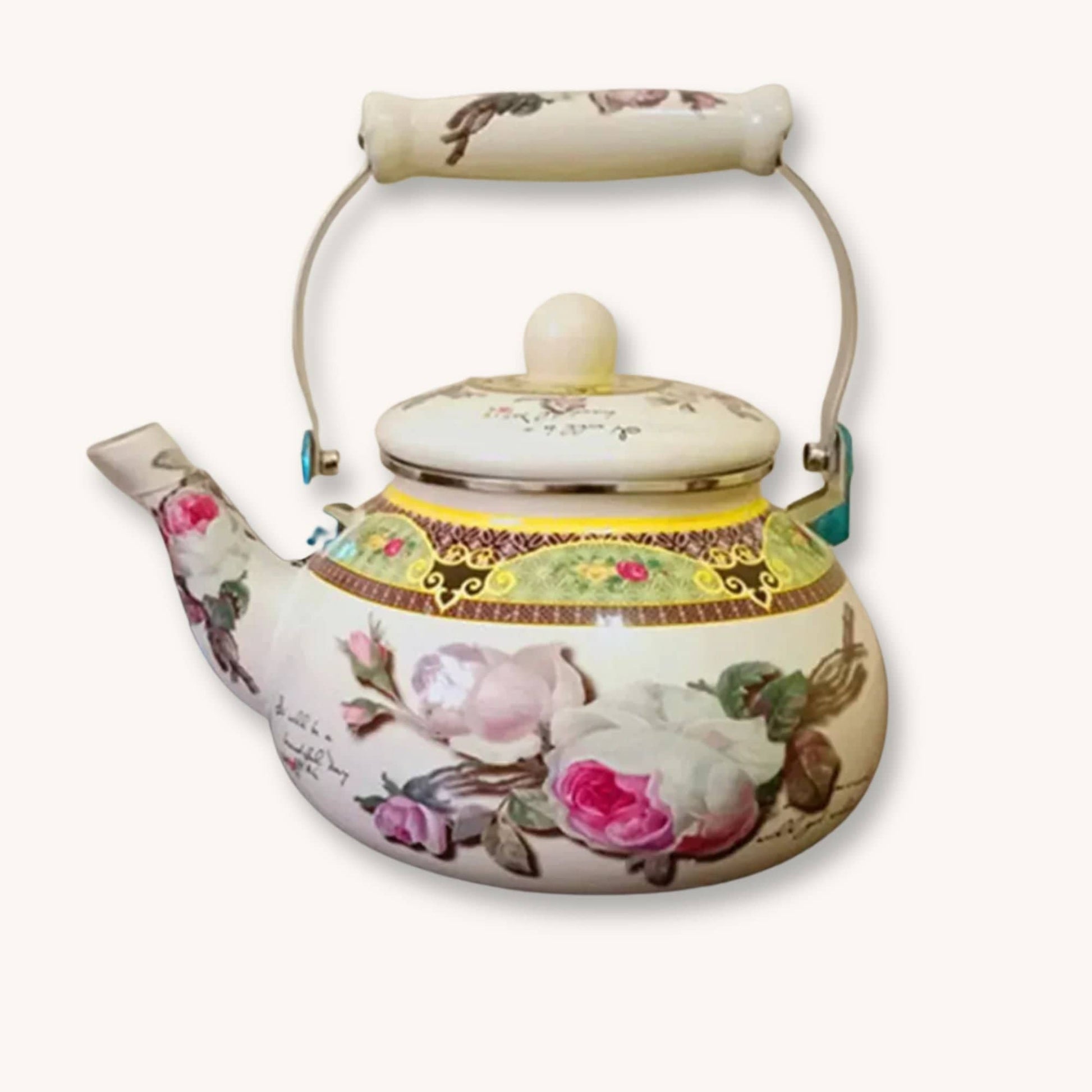 Théière vintage émaillée motif floral rétro