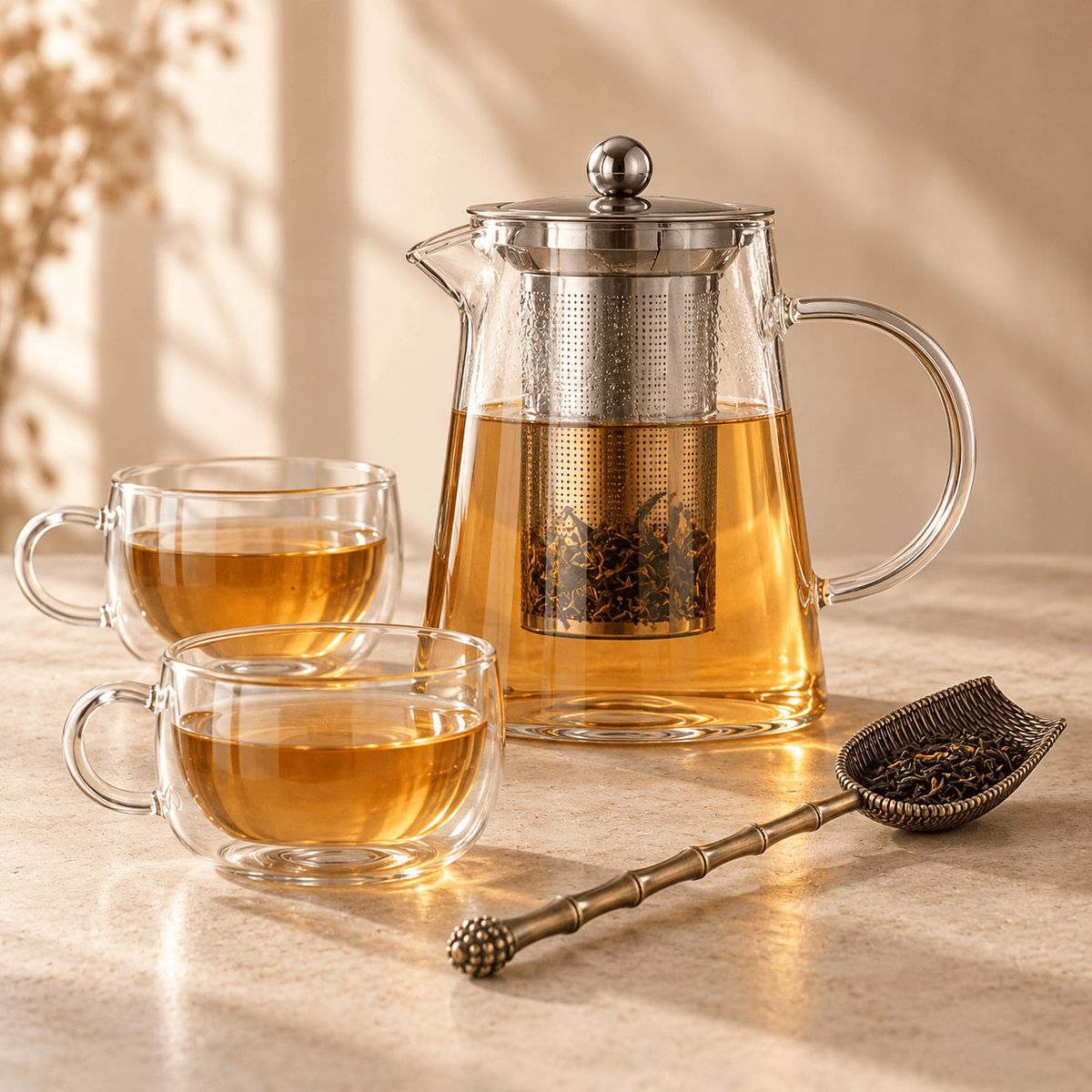 Théière Coffret théière en verre 750 ml avec 2 tasses + pelle à thé offerte