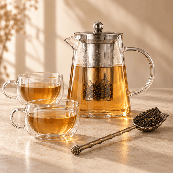 Théière Coffret théière en verre 750 ml avec 2 tasses + pelle à thé offerte