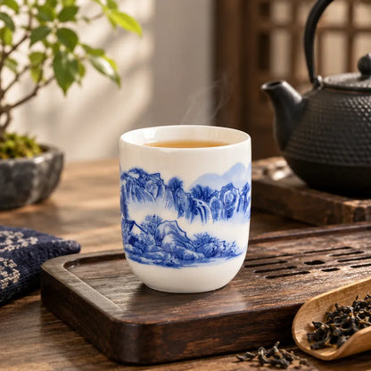 Théière Ensemble de 2 Tasses à Thé – Motif Vagues Bleu et Blanc