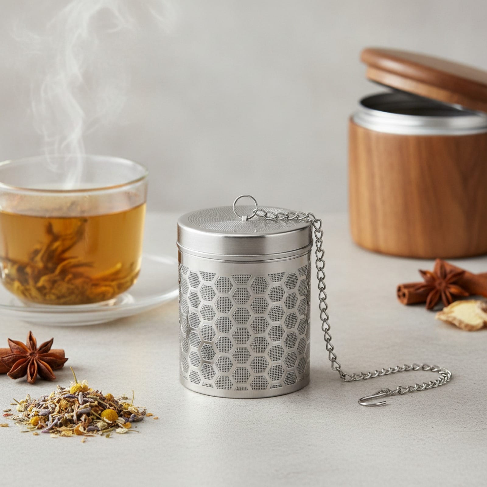 Théière Infuseur à thé Simbuid en acier inoxydable avec chaîne, filtre fin pour feuilles de thé et épices