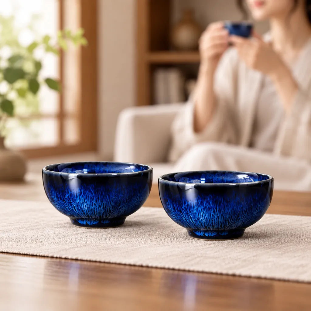 Lot de 2 Tasses à Thé en Céramique Bleue 45 ml – Finition Saphir