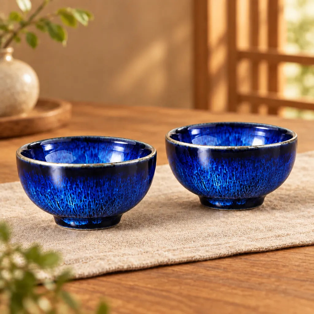 Lot de 2 Tasses à Thé en Céramique Bleue 45 ml – Finition Saphir