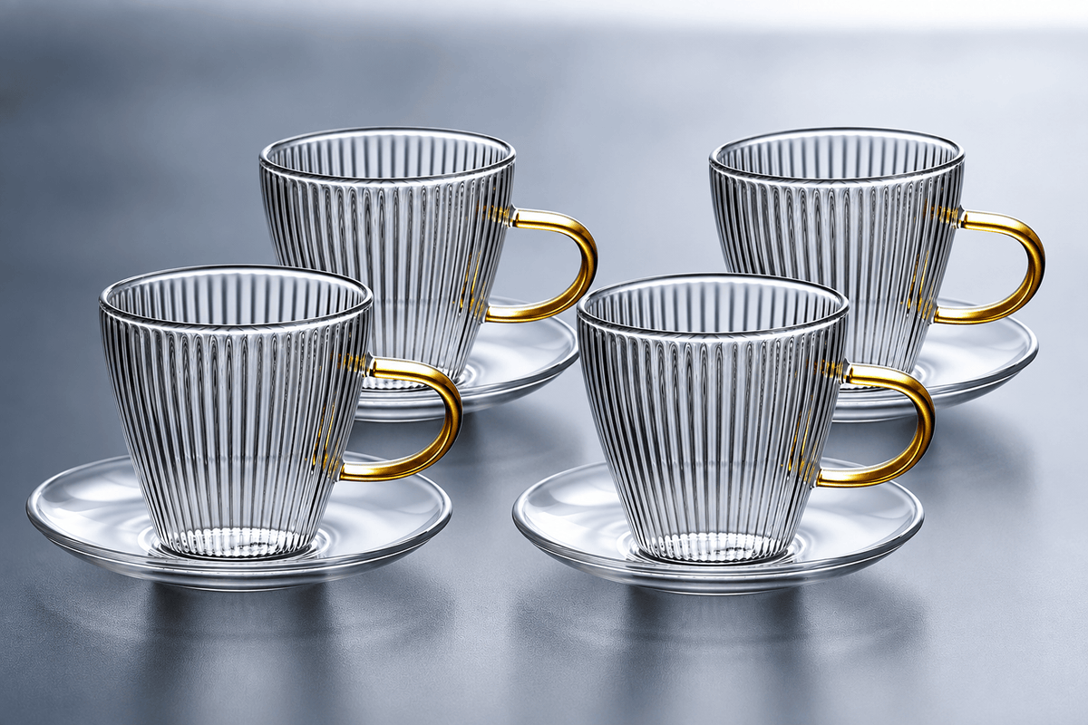 Lot de 4 tasses en verre cannelé doré