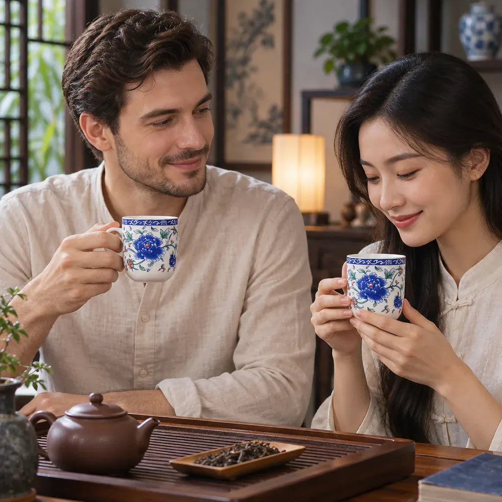 Théière Tasse à Thé Chinoise Bleu Cobalt – Fleur Centrale