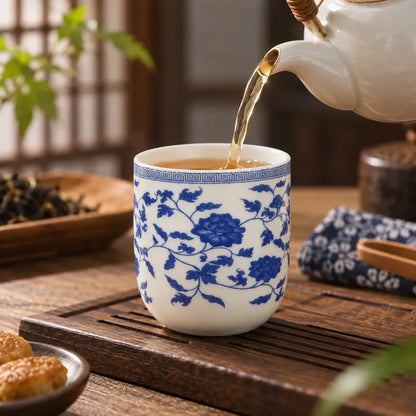 Théière Tasse à Thé en Porcelaine Bleue et Blanche – Motif Floral