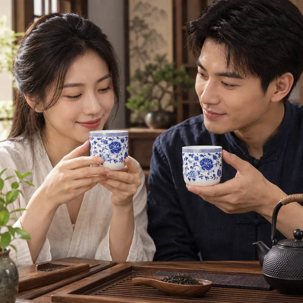 Théière Tasse à Thé en Porcelaine Bleue et Blanche – Motif Floral