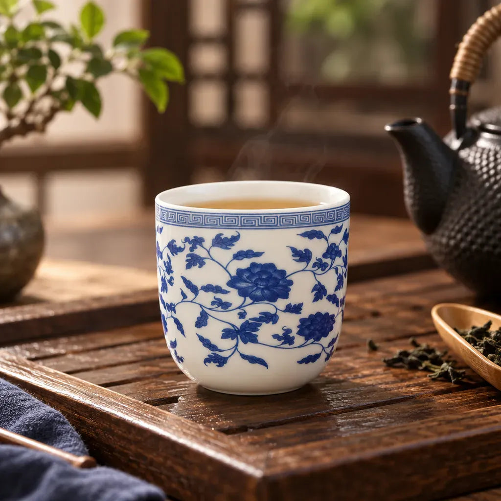Théière Tasse à Thé en Porcelaine Bleue et Blanche – Motif Floral
