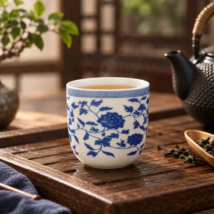 Théière Tasse à Thé en Porcelaine Bleue et Blanche – Motif Floral