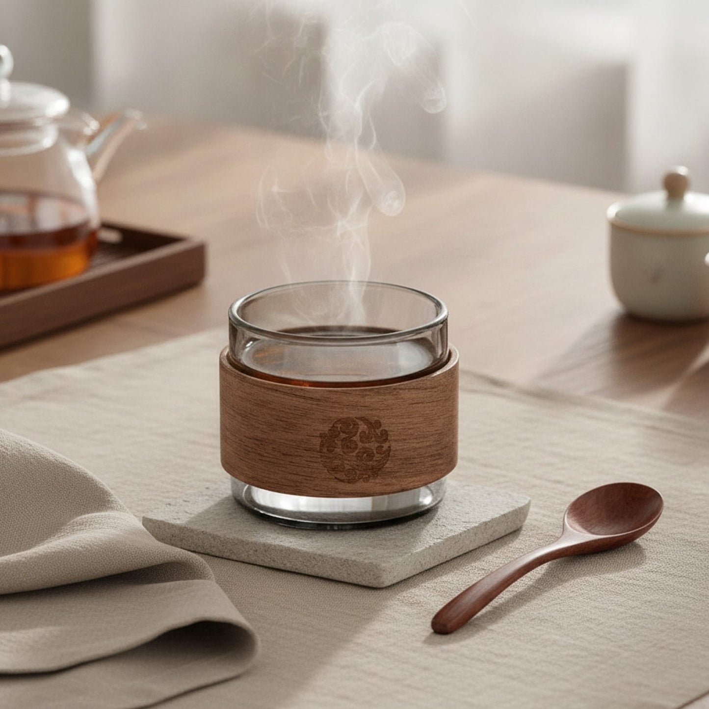 Tasse à Thé en Verre Résistant à la Chaleur avec Manche en Bois - 150ml