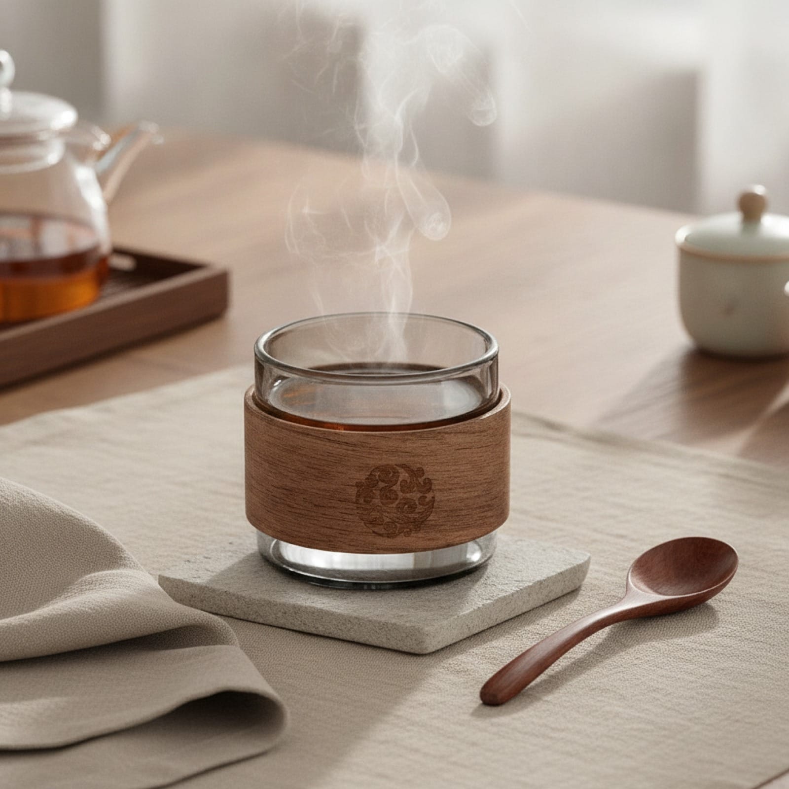 Tasse à Thé en Verre Résistant à la Chaleur avec Manche en Bois - 150ml
