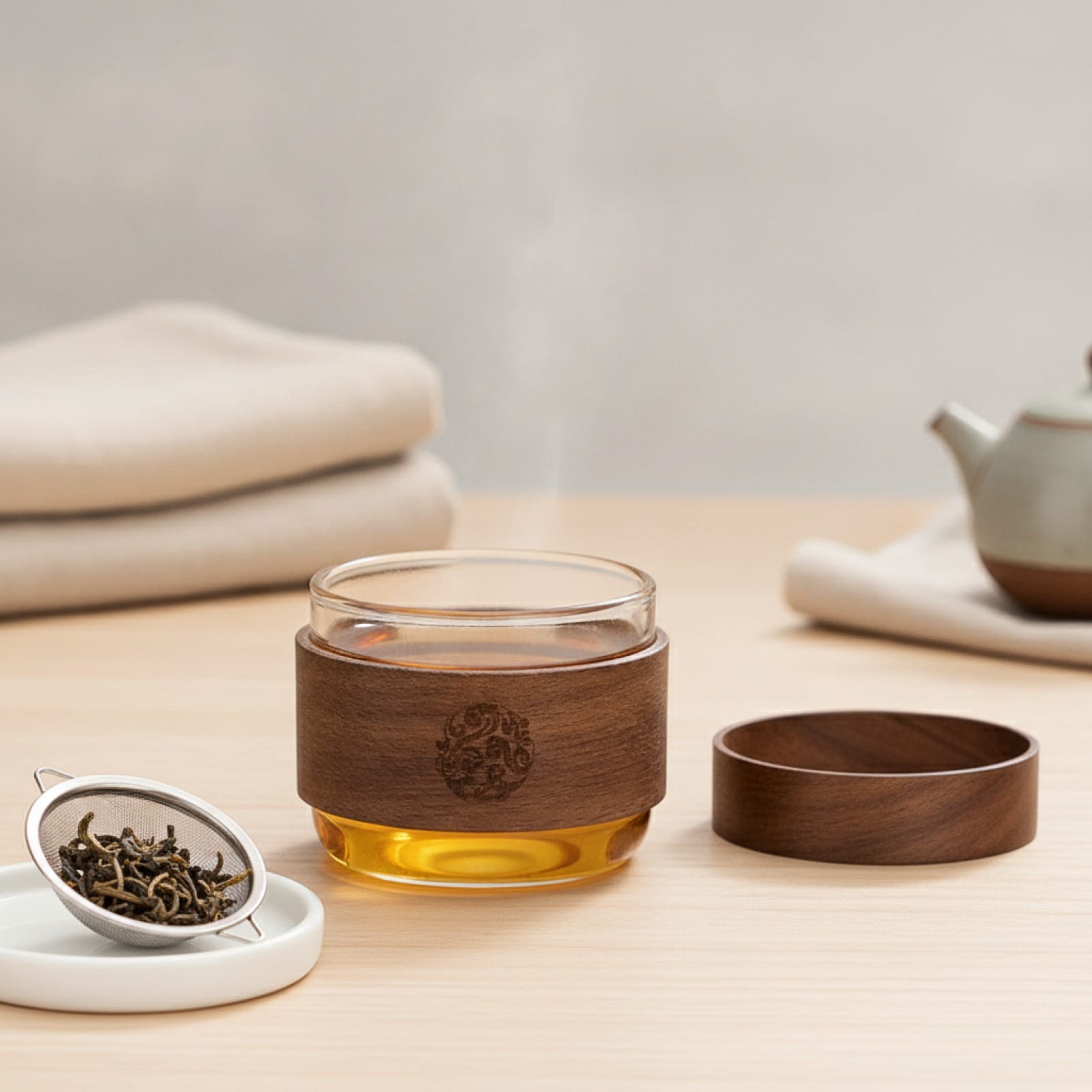 Théière Tasse à Thé en Verre Résistant à la Chaleur avec Manche en Bois Anti-brûlure - 150ml