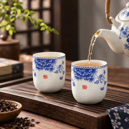 Théière Tasse à Thé Porcelaine – Fleurs Bleues et Rouges
