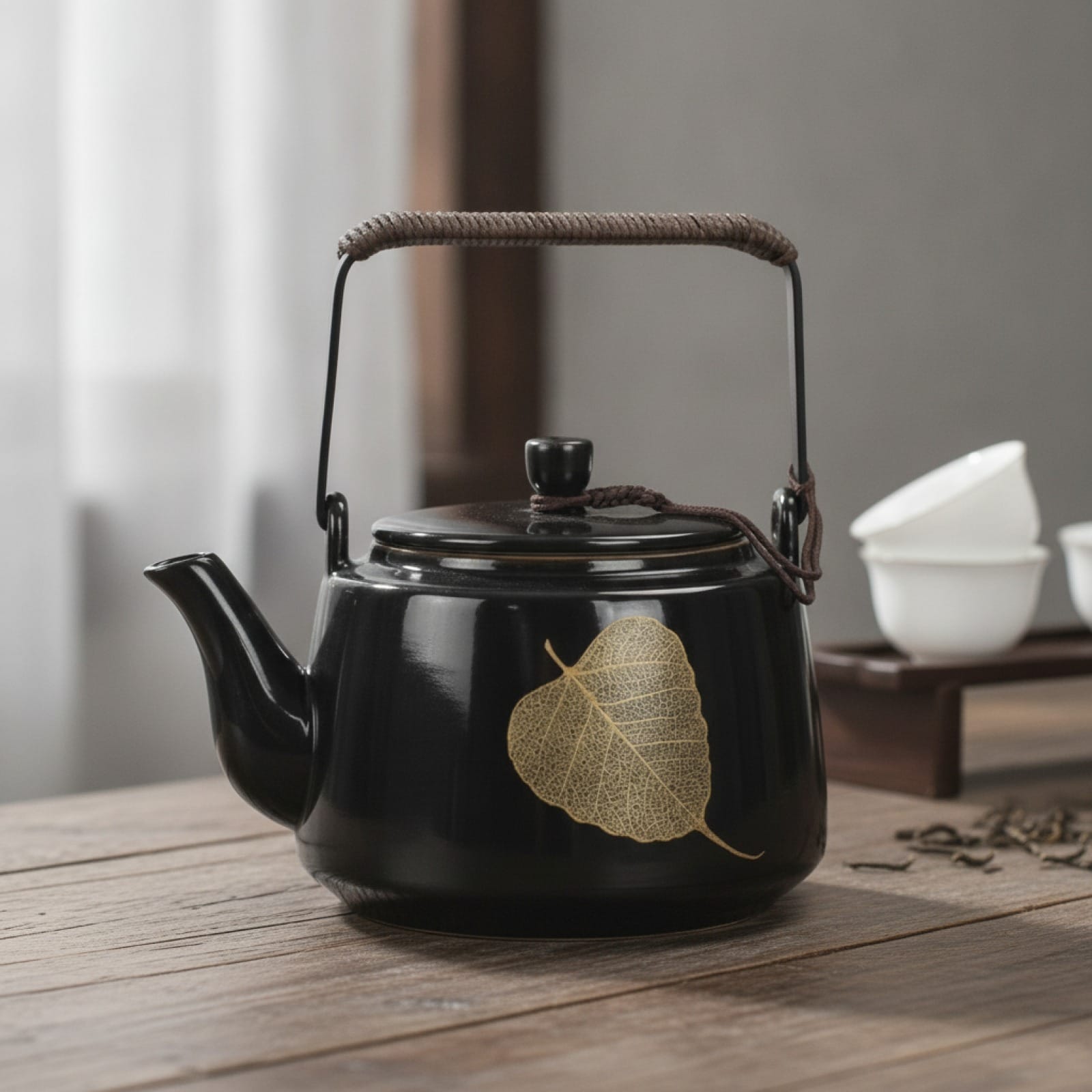 Théière Théière Chinoise en Céramique - Design Feuille Dorée Élégante