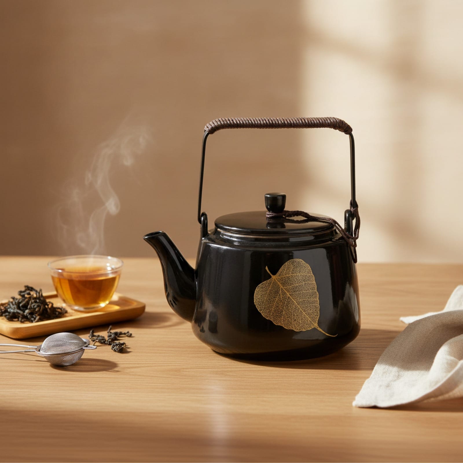 Théière Théière Chinoise en Céramique - Design Feuille Dorée Élégante