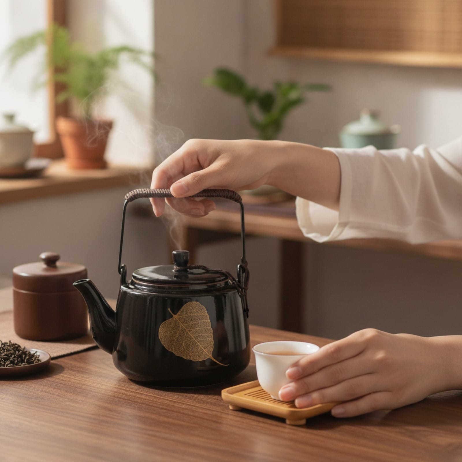 Théière Théière Chinoise en Céramique - Design Feuille Dorée Élégante