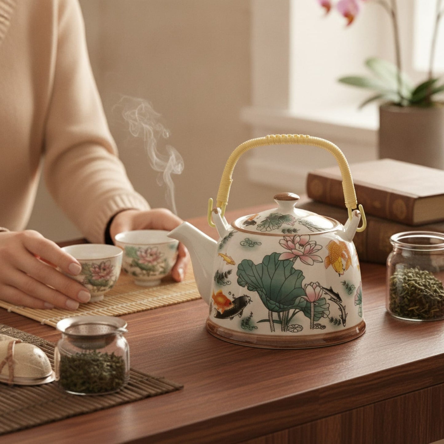 Théière Théière Chinoise en Porcelaine : Élégance Motif Lotus pour une Pause Thé Raffinée