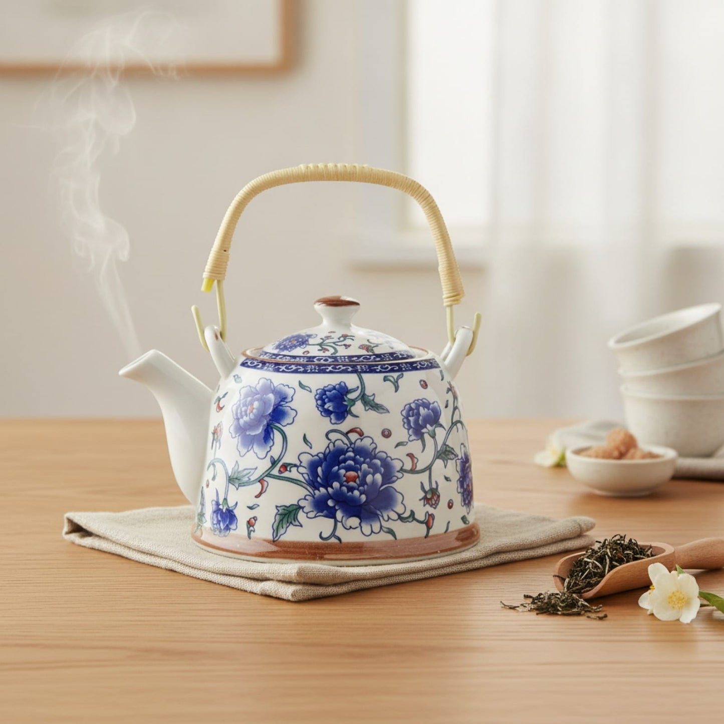 Théière Théière Chinoise en Porcelaine – Motif Fleurs Bleues