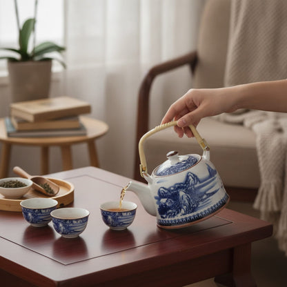Théière Théière chinoise en porcelaine motif Paysage Bleu 