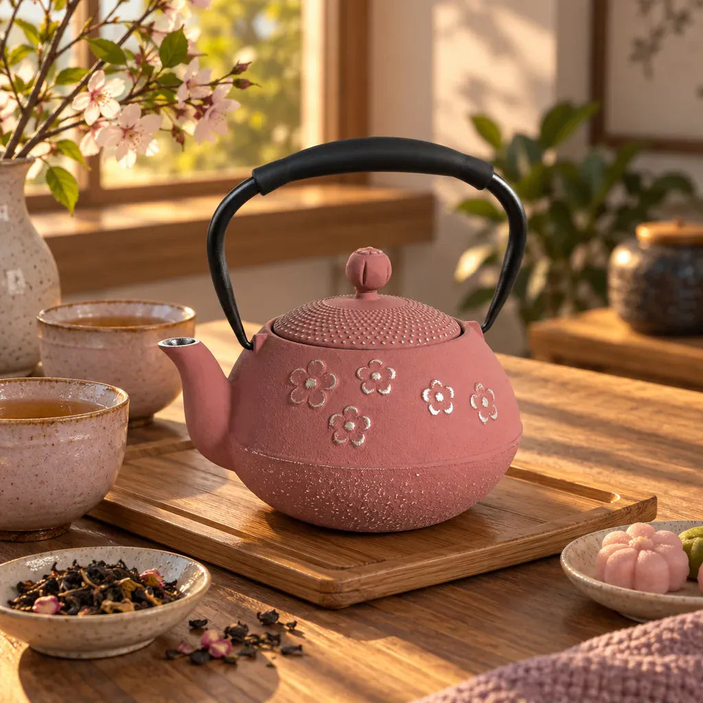 Théière Théière en fonte rose avec infuseur – Fleurs de cerisier
