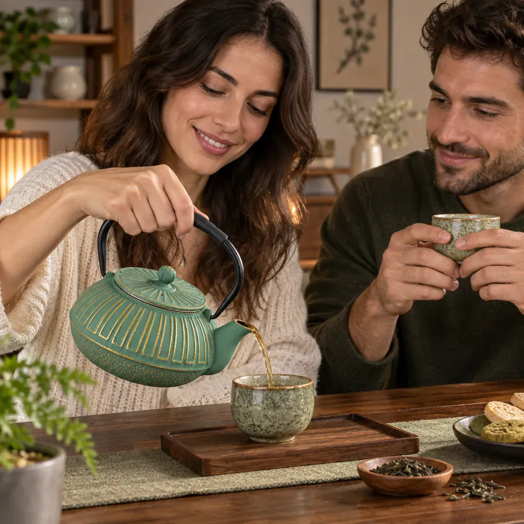 Théière Théière en fonte verte avec infuseur – Détails dorés