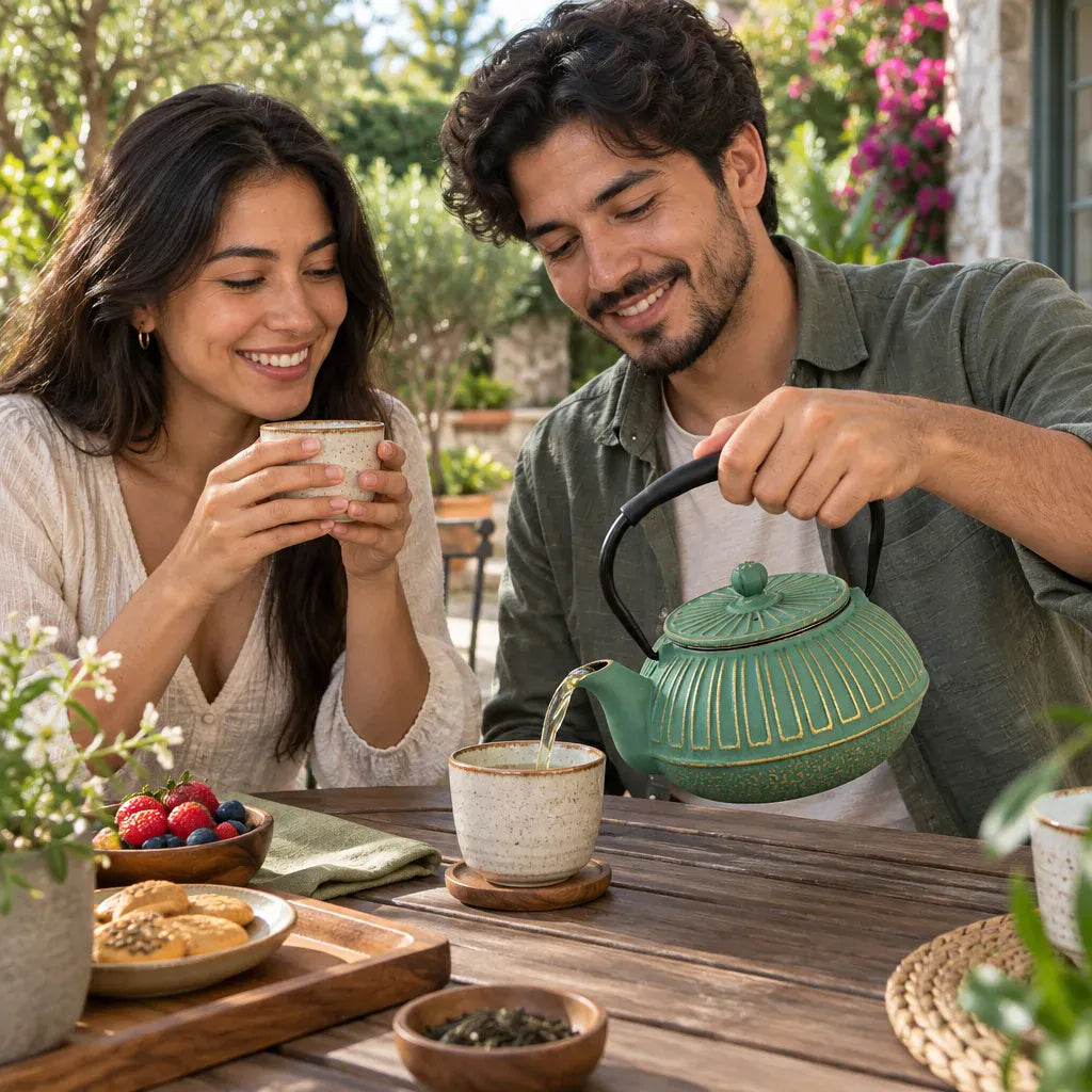 Théière Théière en fonte verte avec infuseur – Détails dorés