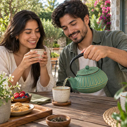 Théière Théière en fonte verte avec infuseur – Détails dorés