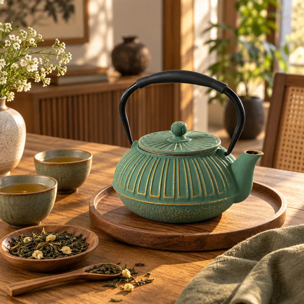 Théière Théière en fonte verte avec infuseur – Détails dorés