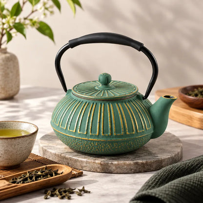Théière Théière en fonte verte avec infuseur – Détails dorés