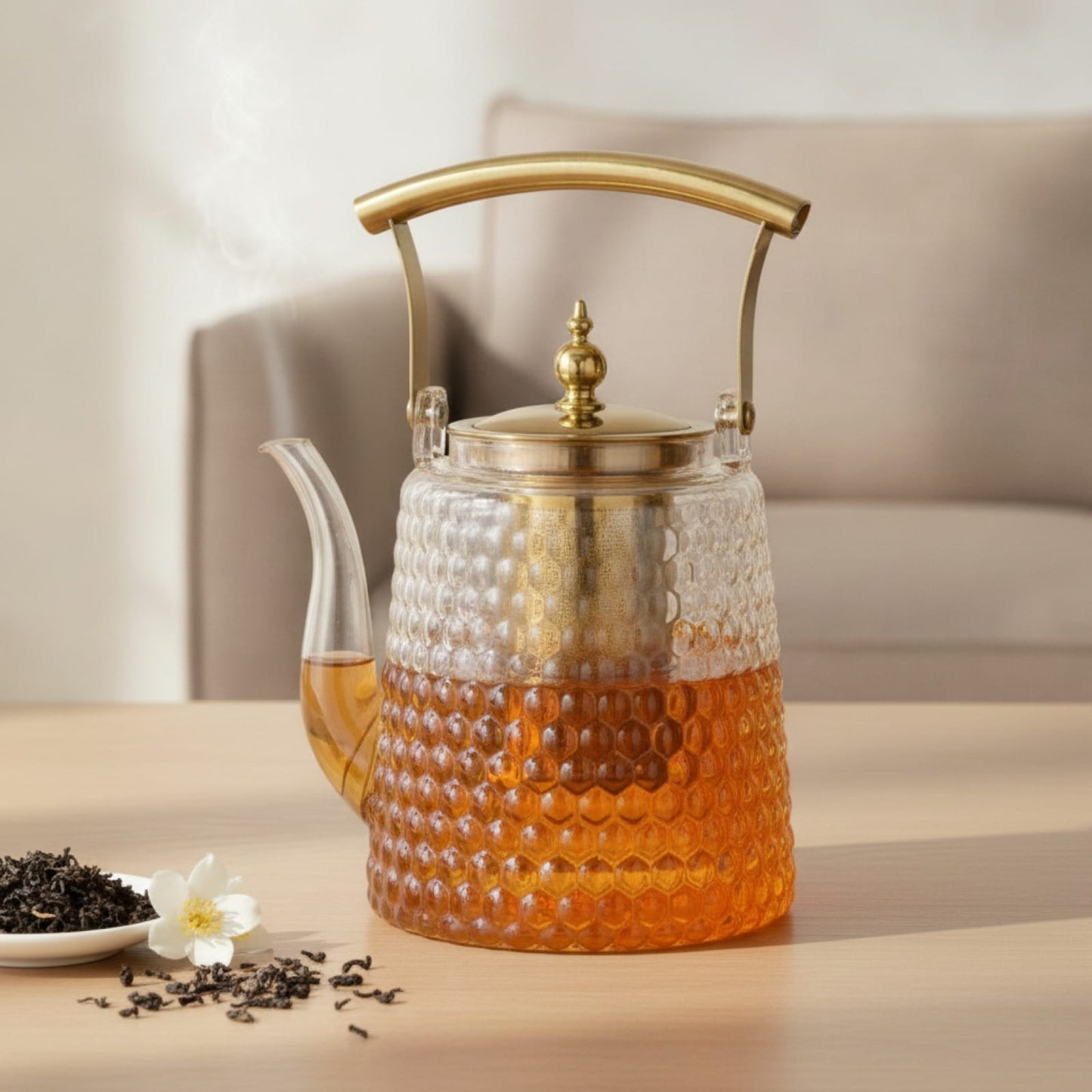 Théière Théière en verre à manche cuivre