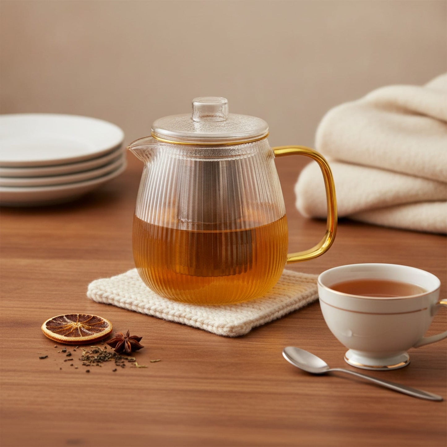 Théière Théière en verre ambrée – Design chaleureux 