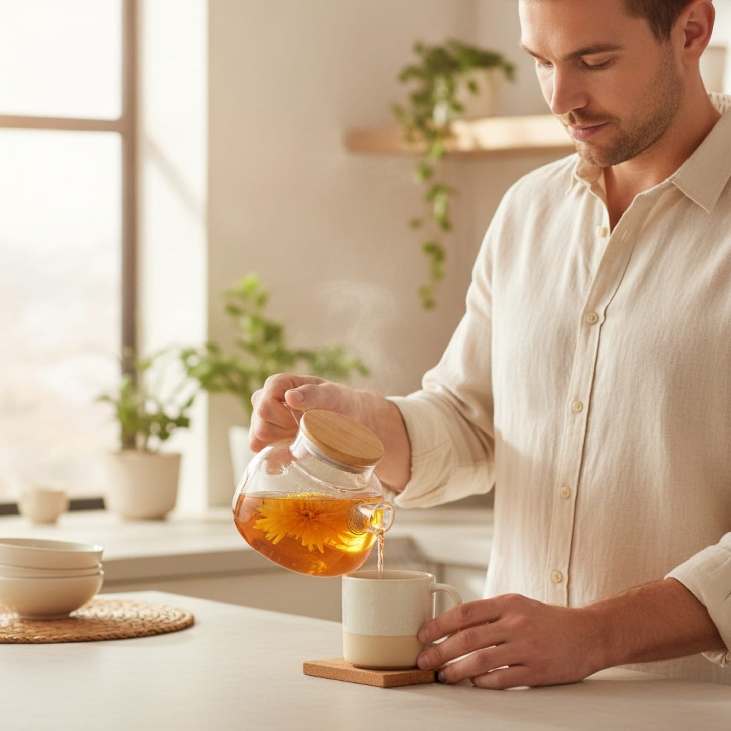 Théière Théière en verre avec couvercle en bois 