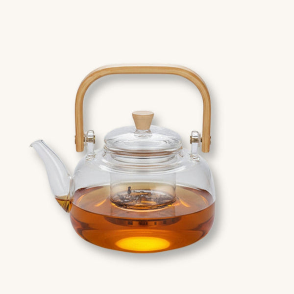 Théière en verre avec poignée bambou et finitions dorées | tea-pot-world