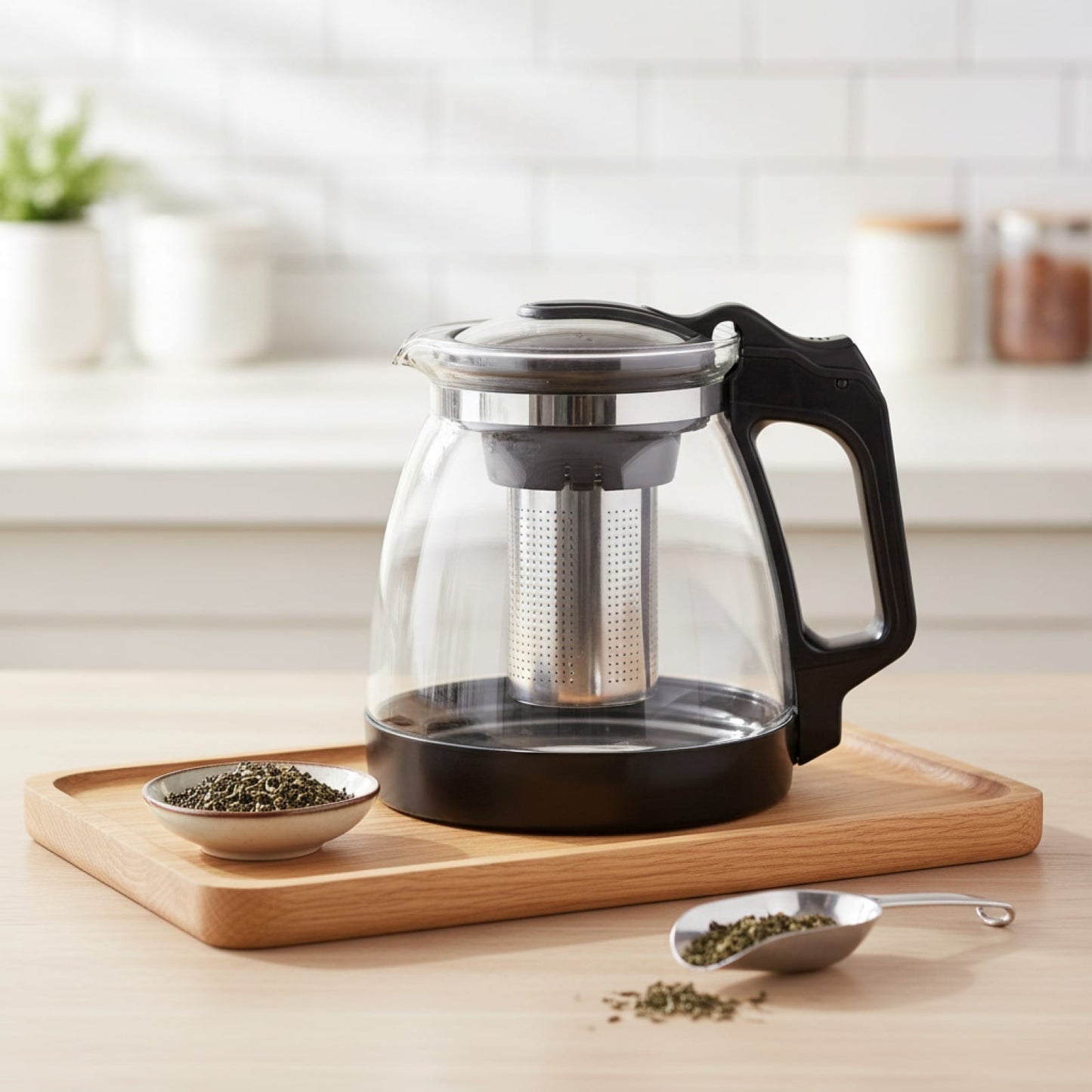 Théière Théière en Verre Design Moderne avec Poignée Noire