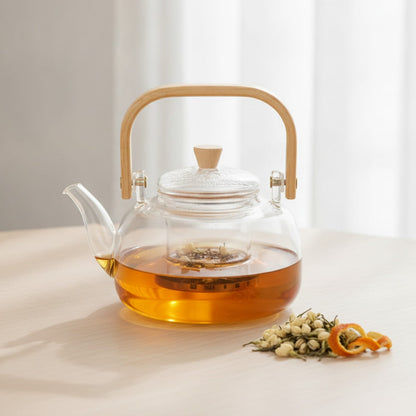 Théière Théière en Verre Élégante avec Poignée Bambou et Finitions Dorées