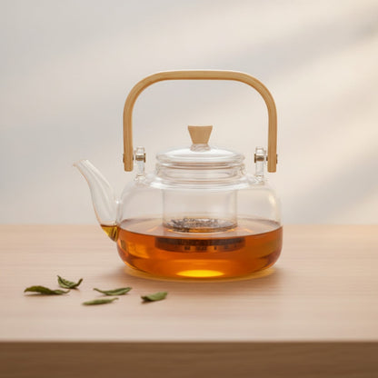 Théière Théière en Verre Élégante avec Poignée Bambou et Finitions Dorées