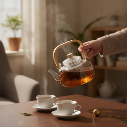Théière Théière en Verre Élégante avec Poignée Bambou et Finitions Dorées