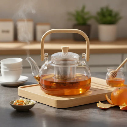 Théière Théière en Verre Élégante avec Poignée Bambou et Finitions Dorées