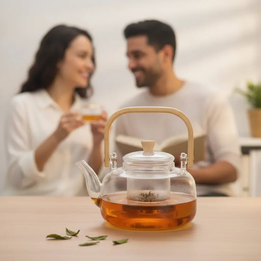 Théière Théière en Verre Élégante avec Poignée Bambou et Finitions Dorées