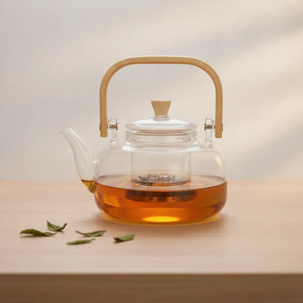 Théière Théière en Verre Élégante avec Poignée Bambou et Finitions Dorées