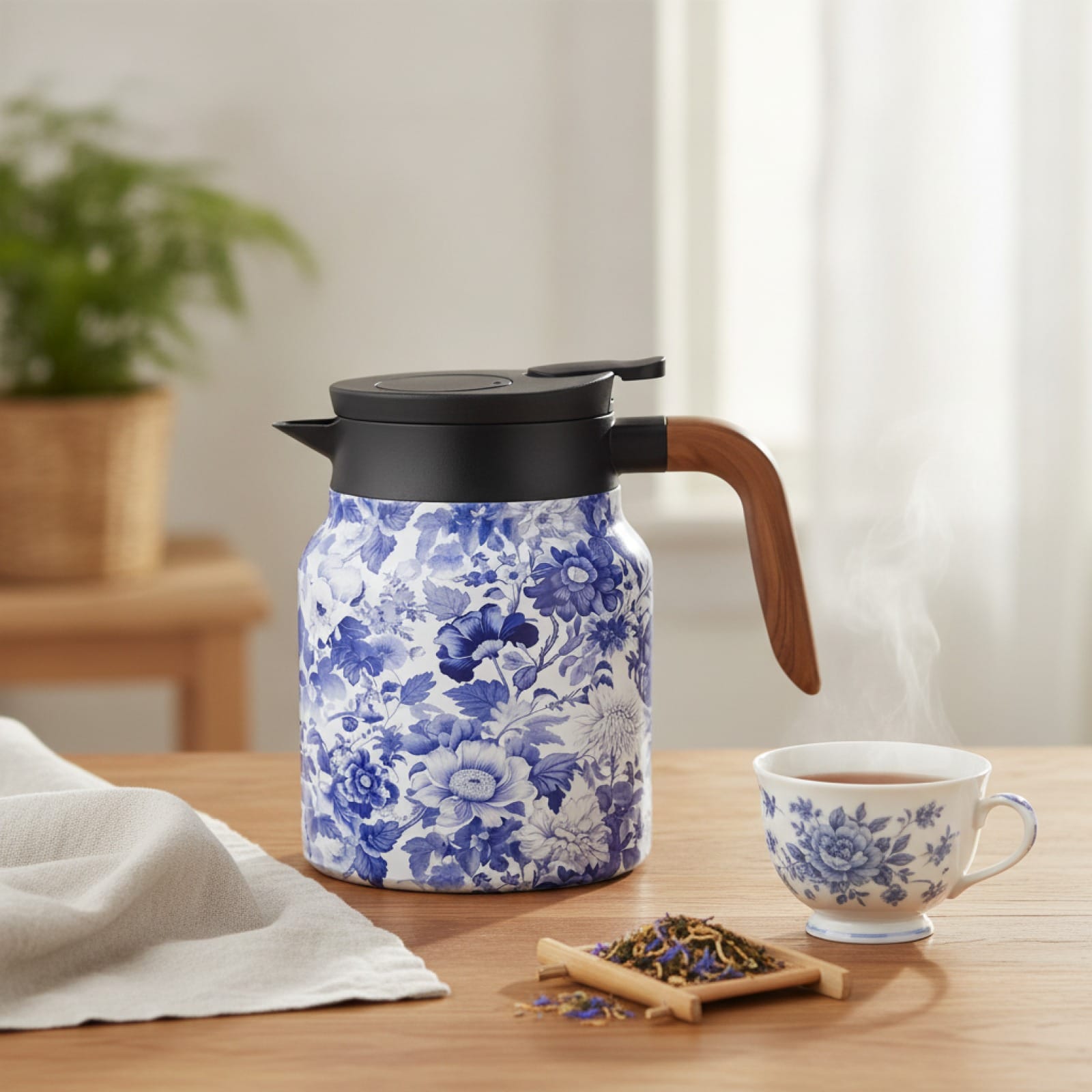 Théière Théière isotherme motif florale bleu 