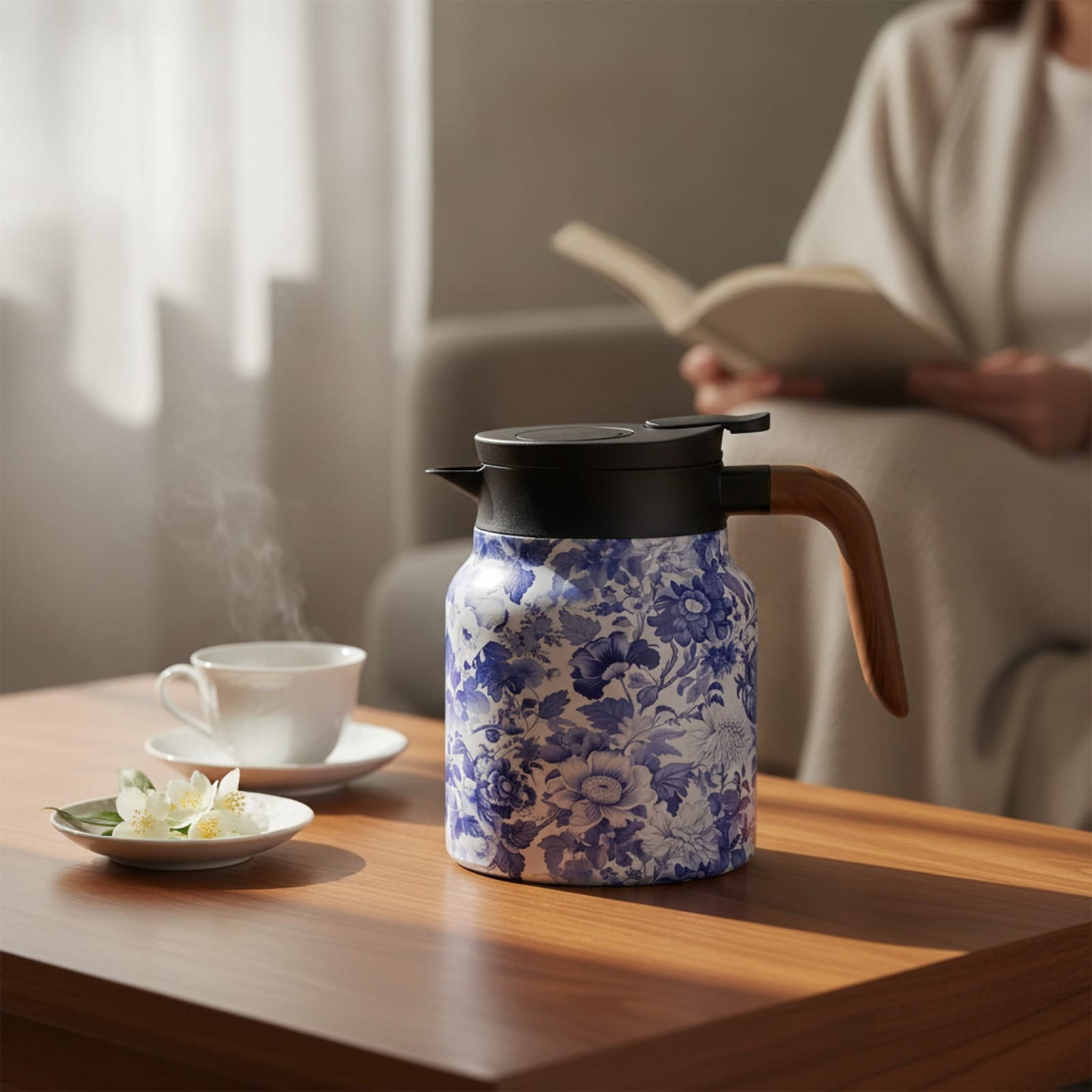 Théière Théière isotherme motif florale bleu 